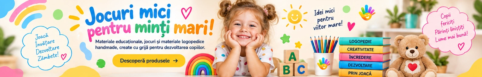 Materiale educaționale, jocuri și jucării pentru o dezvoltare armonioasă. Învață, joacă-te, crește și zâmbește!